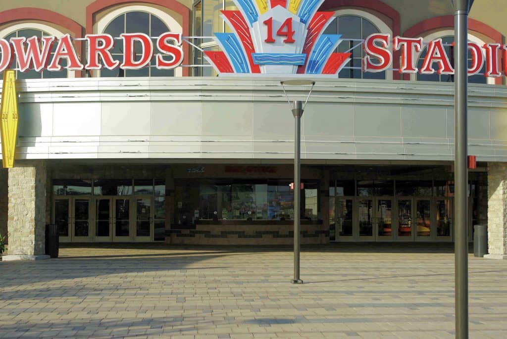 Glass storefront doors at building entrance